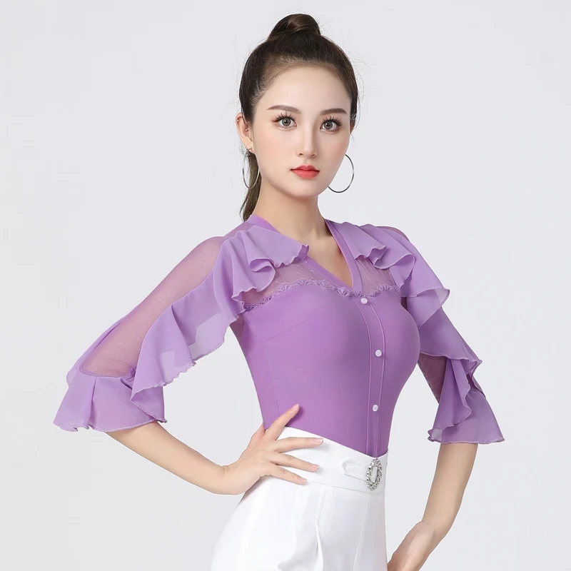 2025 femmes moderne danse haut maille demi manches combinaison Chacha Rumba Tango danse salle de bal danse latine Costumes porter DN21035