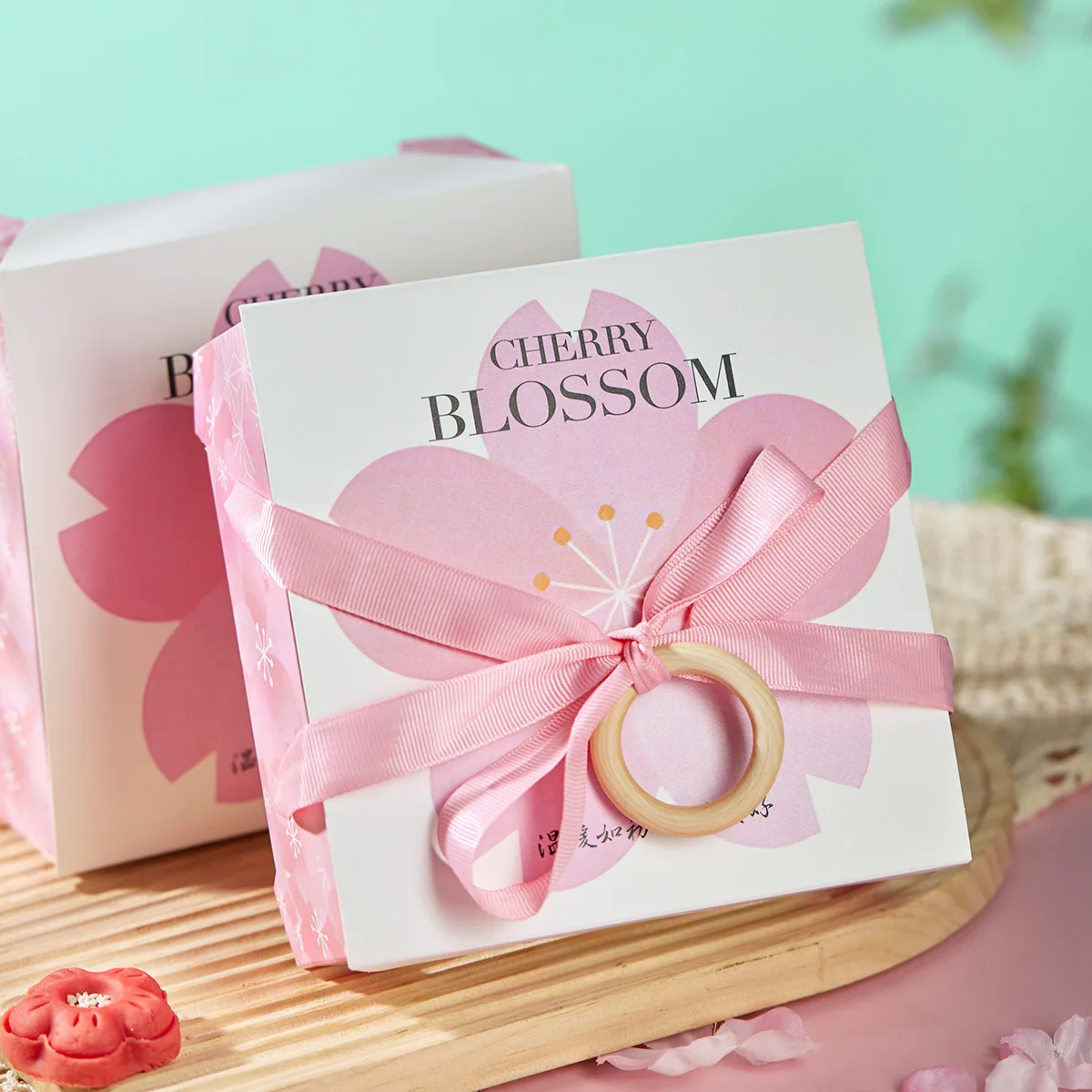 Pink Sakura Wood Ring Handheld Packaging Box QingTuan Baked Dessert Green Bean Cake Chinese Style Pastry Empty Box for Women