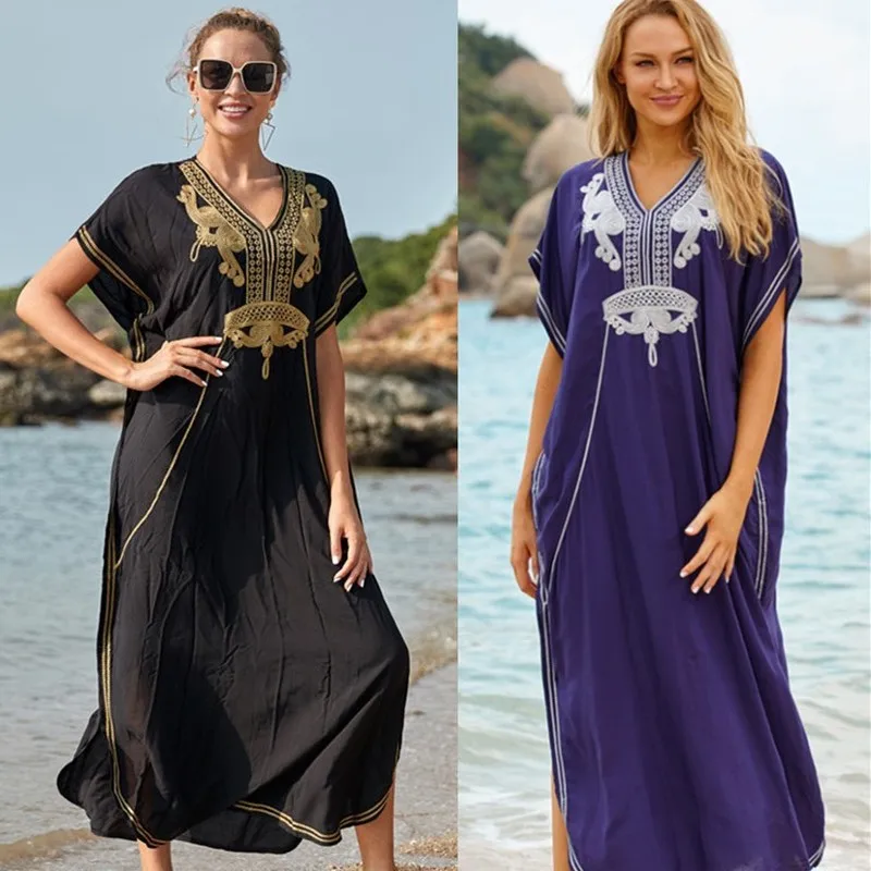 Fashionable Beach Cover Up Dress for Women Breathable Rayon Embroidered Kaftan Style Swim Coverup for Vacation Holiday Resort