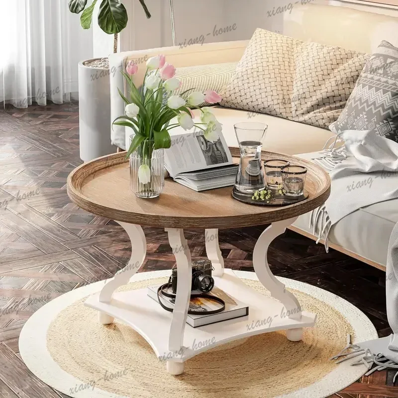 FG High Quality Rustic Round Coffee Table, Handmade White Wood Table with Tray Top and Storage Shelf, Customizable