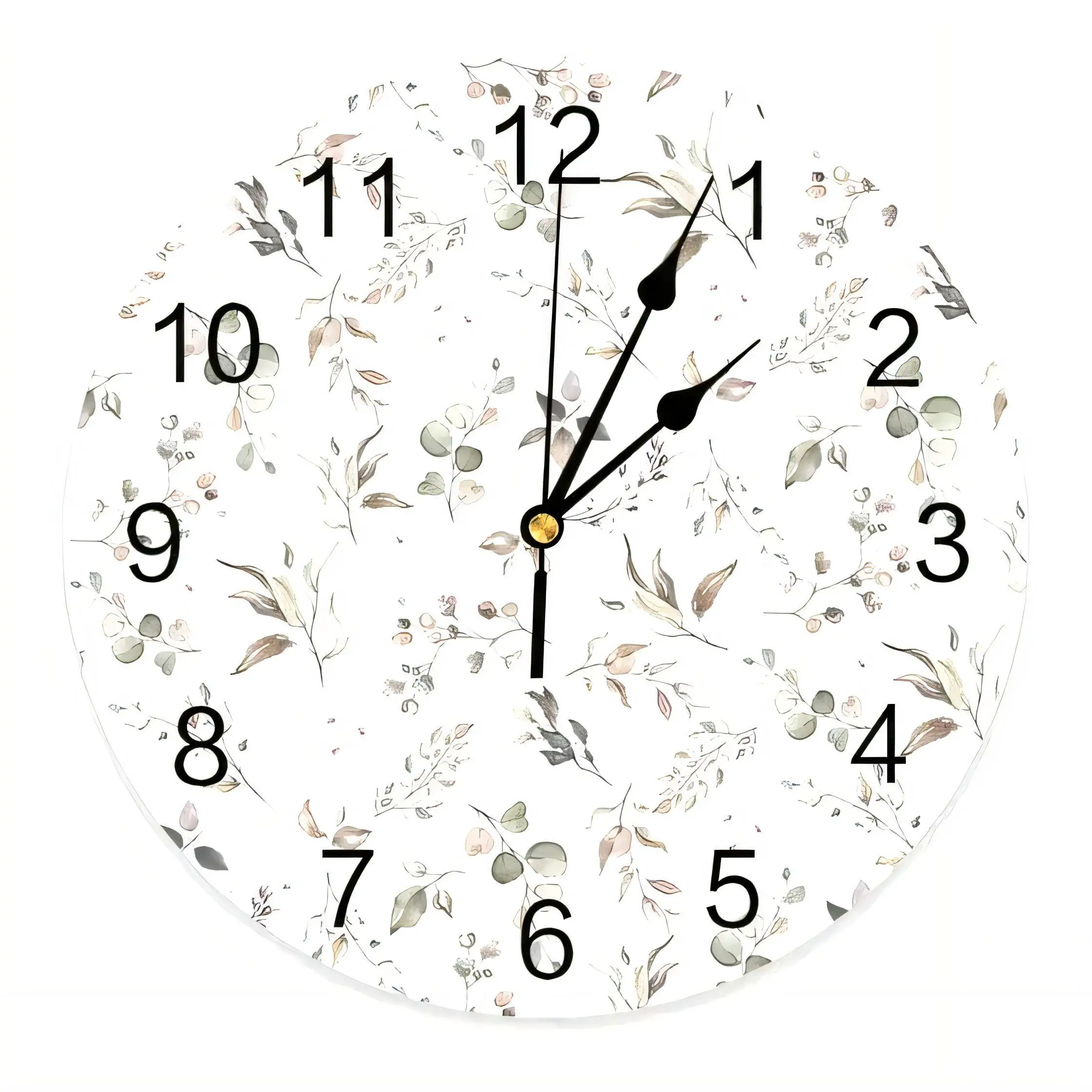 Modern Watercolor Botanical Wall Clock  Decorative Home Art Silent Non Ticking Battery Operated Green Beige Grey Leaves
