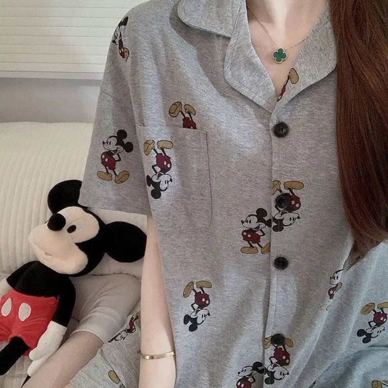

Mickey Mouse All-Over Print Gray Pajama Set Lapel Short Sleeve 100% Cotton Oversized Casual Loungewear Women Summer Sleepwear