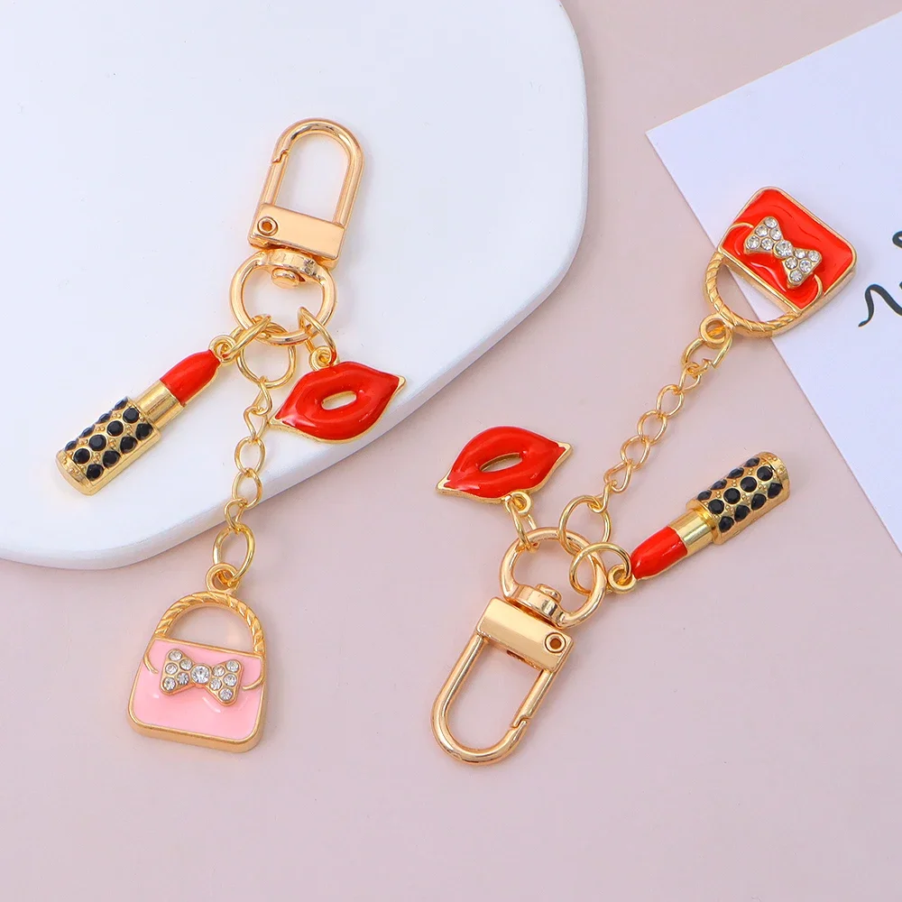 Fashion Red Lips Handbag Keychains Creative Lipstick Rhinestones Inlaied Alloy Keyring for Women Purse Earphone Case Ornaments