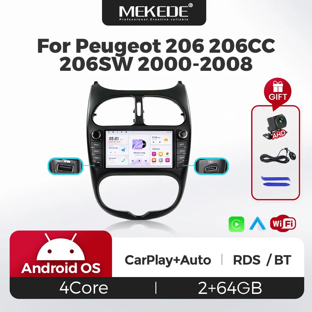 For Peugeot 206 206CC 206SW 2000-2008 Carplay Car Radio GPS Navigation BT Central Multimedia Player IPS Screen Stereo Head Unit