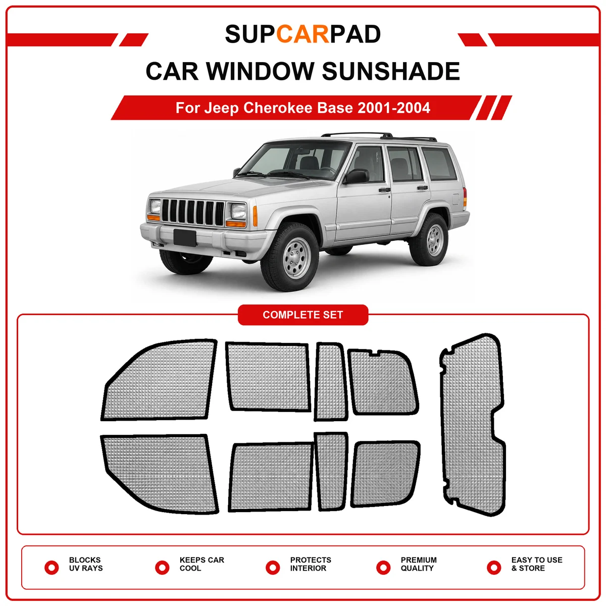 For Jeep Cherokee Base 2001-2004 Pre‑Cut Auto Window Sunshade Anti‑UV Car Sun Visor Protector