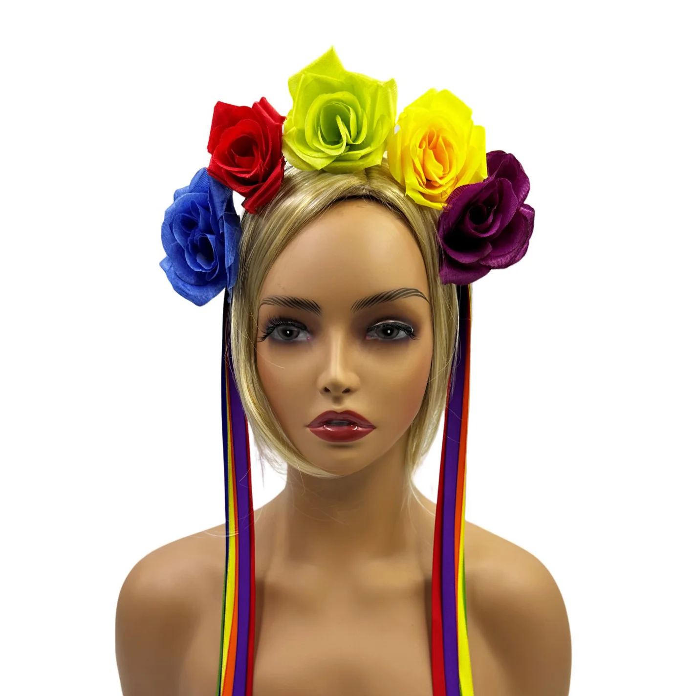 Rainbow Mexican Simulation Rose Flower Headband Festival Halloween Party Dress Up Hairband Ribbon Flower Wreath Hair Accessories