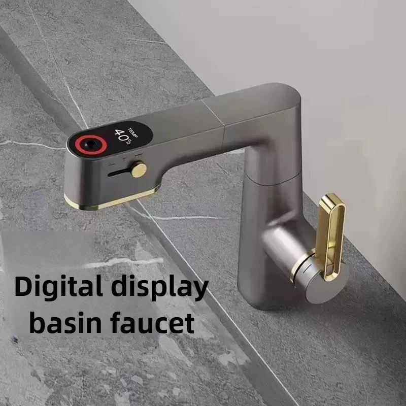 

Gun Gray Digital Display Rotating Pull-Out Basin Faucet with Adjustable Cold and Hot Water and Shower Head