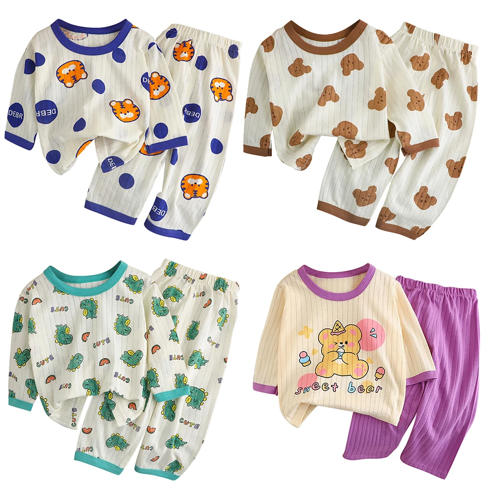 Letnia dziecięca bawełniana piżama z długim rękawem i spodniami Miękka oddychająca bielizna nocna dla niemowląt Cartoon Bear AC Room Wear Boys Girls Clothes