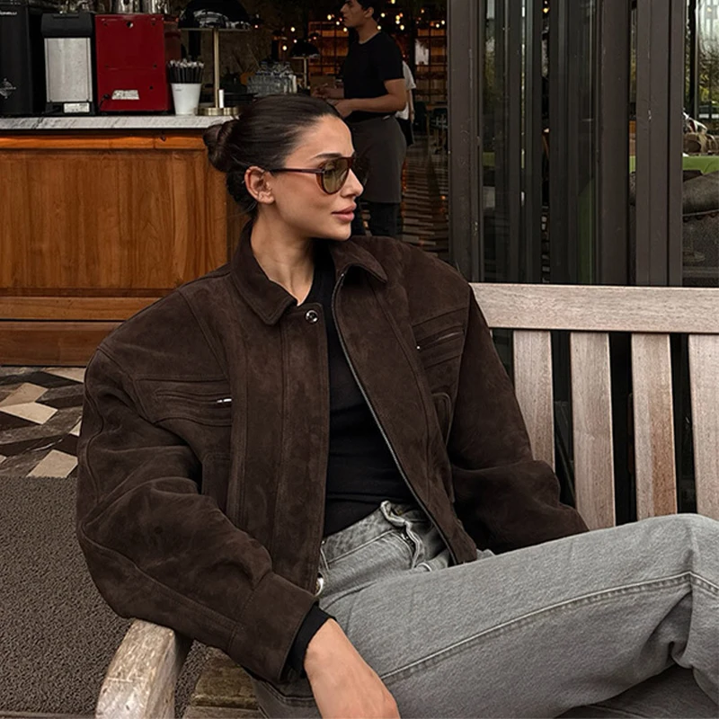 Vintage Suede Jacket For Women Long Sleeve Pocket Turn-down Collar Zippers Short Coat 2025 Autumn Winter Streetwear Lady Outwear