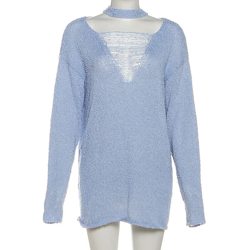 Loose Hollowing Knitting Pullovers Women's Solid V-Neck Perspective Long Sleeves Sweater Autumn Sexy High Street Sweater