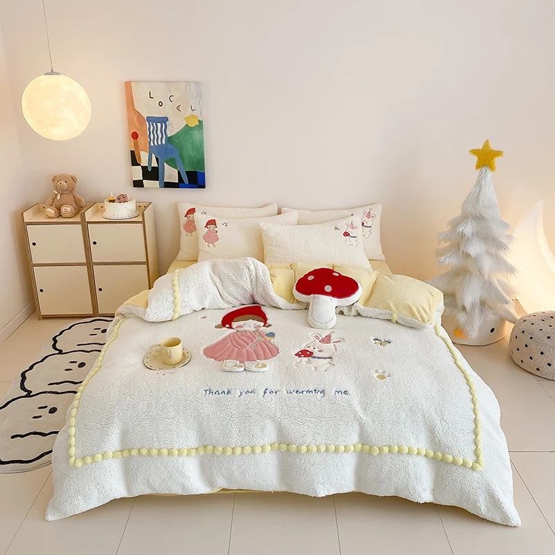 Cartoon Girl Winter Warmth Flannel Fleece Thick Bedding Set Duvet Cover Linen Fitted Sheet Pillowcases Home Textile