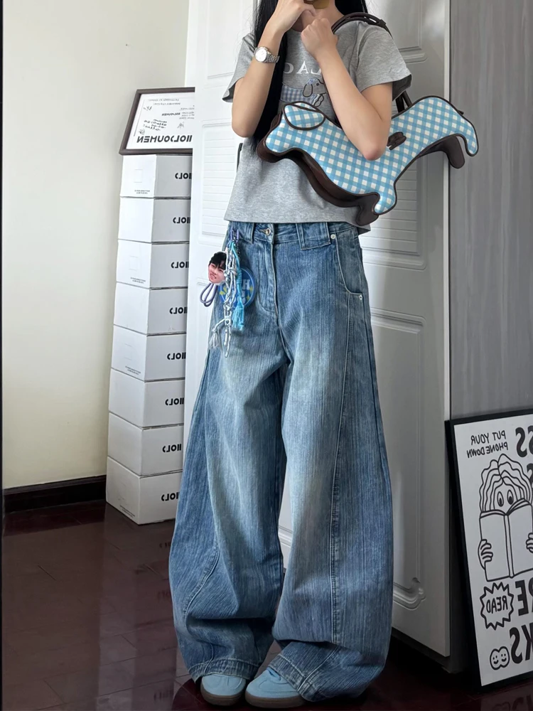 

American Retro Washed Bamboo Fiber Blade Jeans Women Summer Loose Slim Wide Leg Floor-Length Pants High Waist Soft Denim