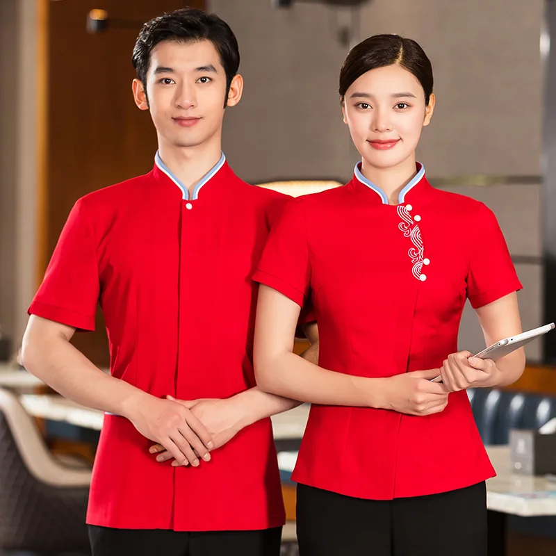 

Hotel Work Clothes Summer Women's Chinese Style Dining Teahouse Front Hall Waiter Workwear Short Sleeve Farmhouse Suit Men