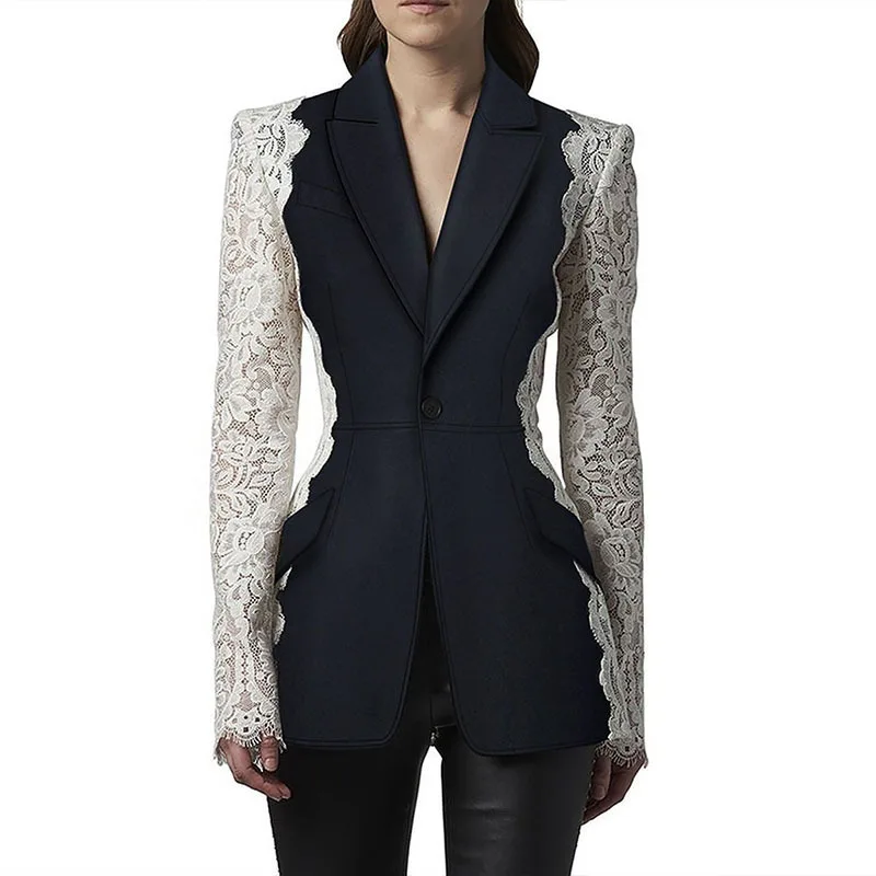 Jaqueta de renda preta feminina, Blazer de um botão, Casaco de emenda de cores, Alta Costura francesa elegante, Em estoque, 1 Pc