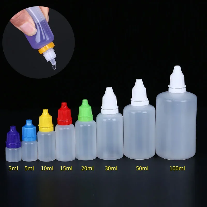 Bouteilles compte-gouttes de liquide en plastique PE, 5ML/10ML/15ML/20ML/30ML/50ML/100ML, conteneurs de peinture de voyage vides à presser, vente en gros, 5 pièces