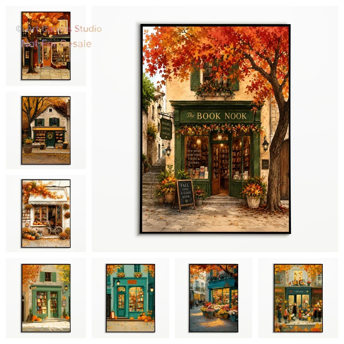 1PC Autumn Town Bookstore Poster Fallen Leaf Display Window Street Scene Wall Art Thanksgiving Day Canvas Printing Fall Gift2027