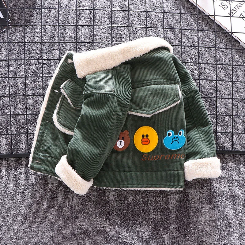 Children\'s Autumn/Winter Fashion Plush Lapel Coat Boys\' Cartoon Pattern Thicken Jacket Kids Casual Cotton Outerwear 9 M-4 Years