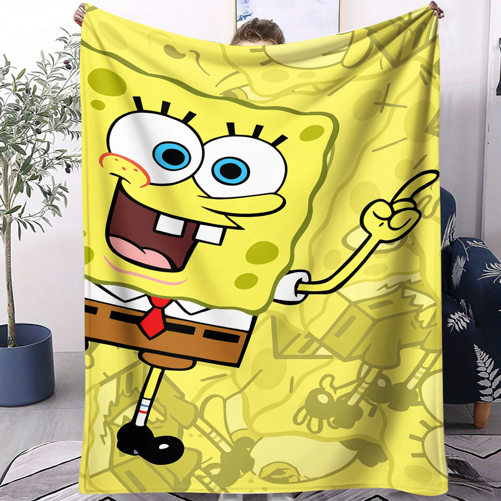 

Cartoon Yellow Sponge-Bob Print Warm Blanket For Office Comfort Leisure Camp Travel Multifunctional Universal Blanket Fan Gift
