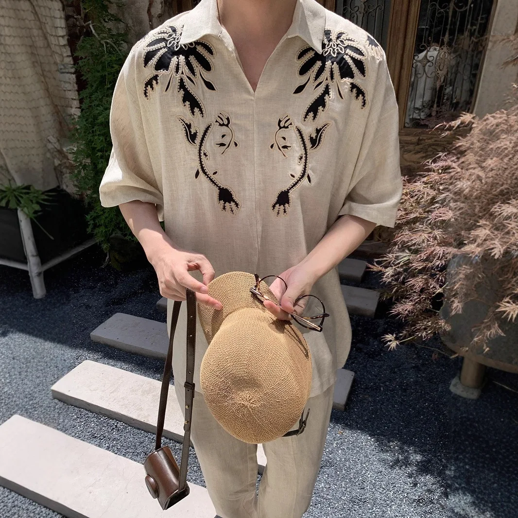 

Men's Summer Short Sleeve Linen Shirt American Retro Embroidery Old Money Style Casual Vacation Beach Tops Male Summer Shirts