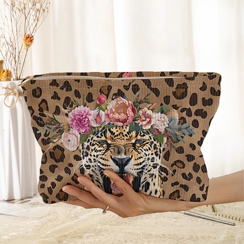 Fashionable Tiger Leopard Print Corduroy Makeup Bag With Zipper, Lightweight Multifunctional Cosmetic Storage Bag With Lining