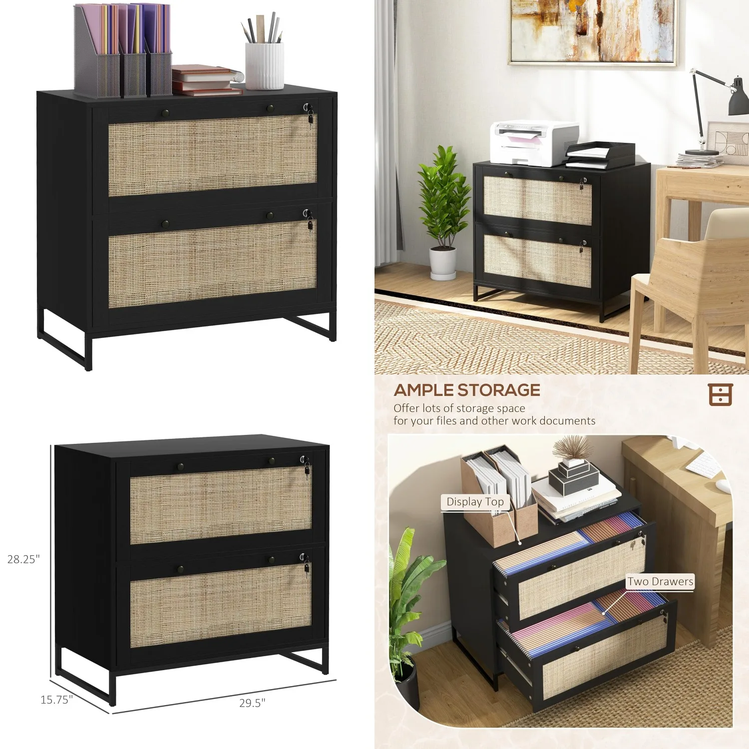 

2 Rattan Drawer File Cabinet with Lock, Lateral Filing Cabinet with Adjustable Hanging Bar for Letter, A4 and Legal, Customized