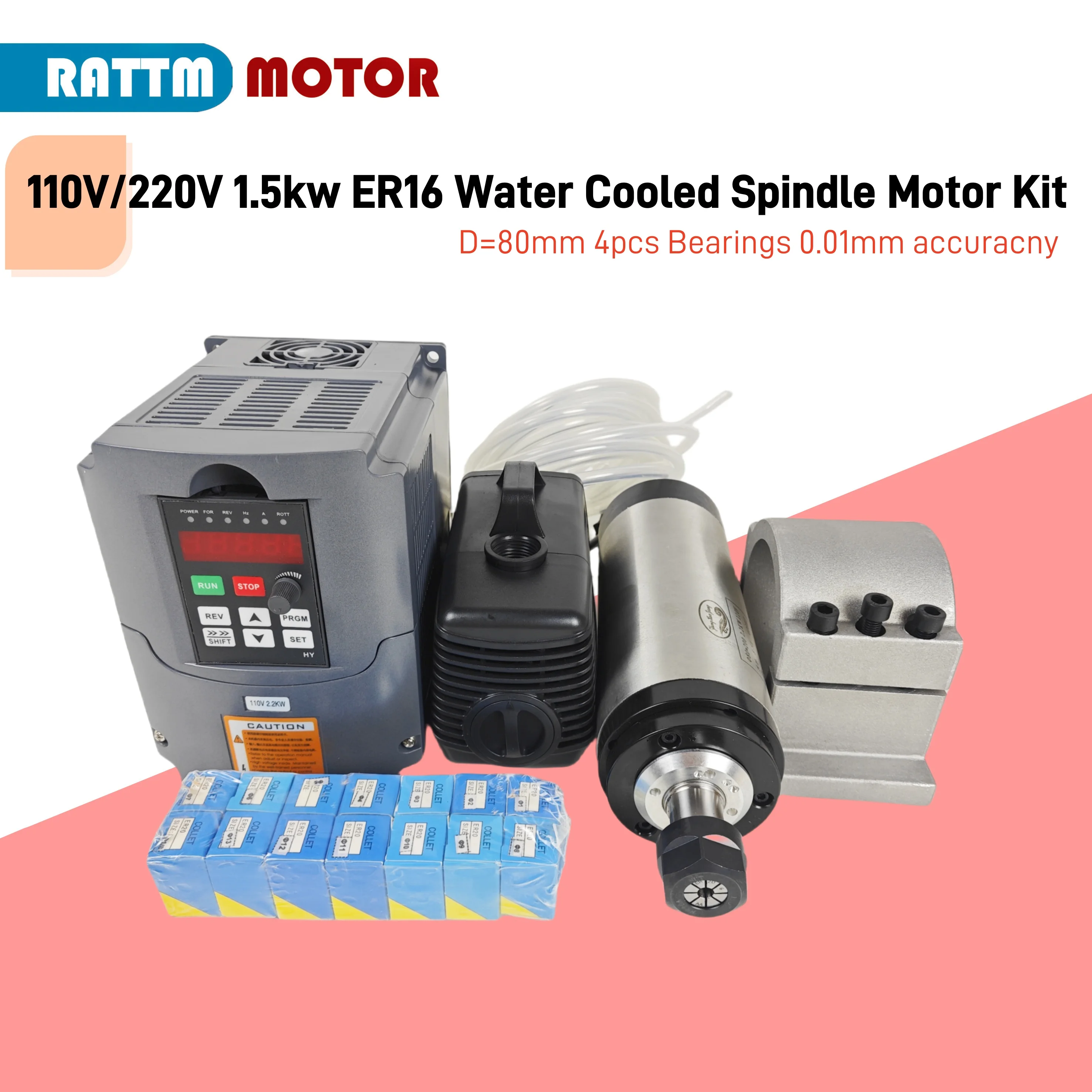 110V /220V 1.5kw ER16 Water Cooled Spindle Motor Kit D=80mm 4pcs Bearings 0.01mm accuracny HY Inverter 75W Pump 80mm Bracket