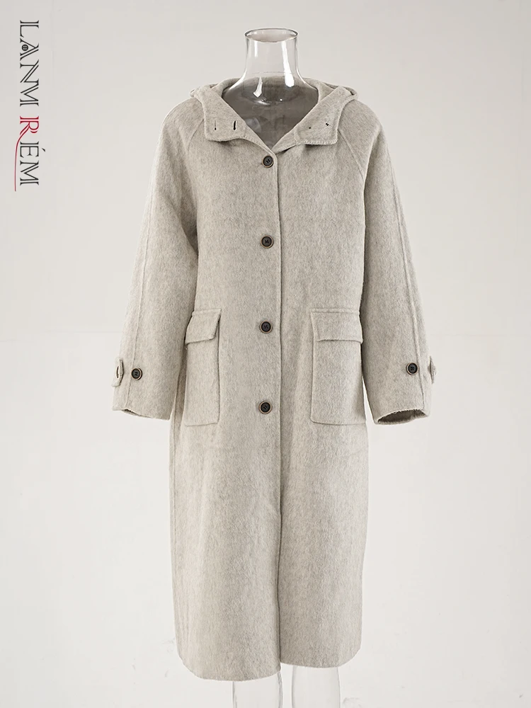 

LANMREM Elegant Hooded Double Sided Woolen Coat Women's Single Breasted Big Pockets Design Coats 2024 Autumn Winter New CPG1879