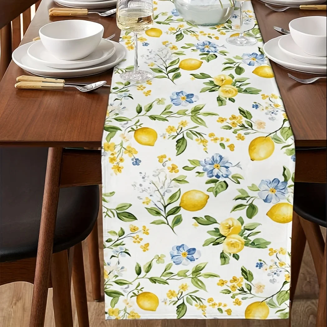 Summer Watercolor Lemon Floral Linen Table Runner Wedding Party Decor Colorful Flowers Leaves Table Runners Kitchen Table Decor