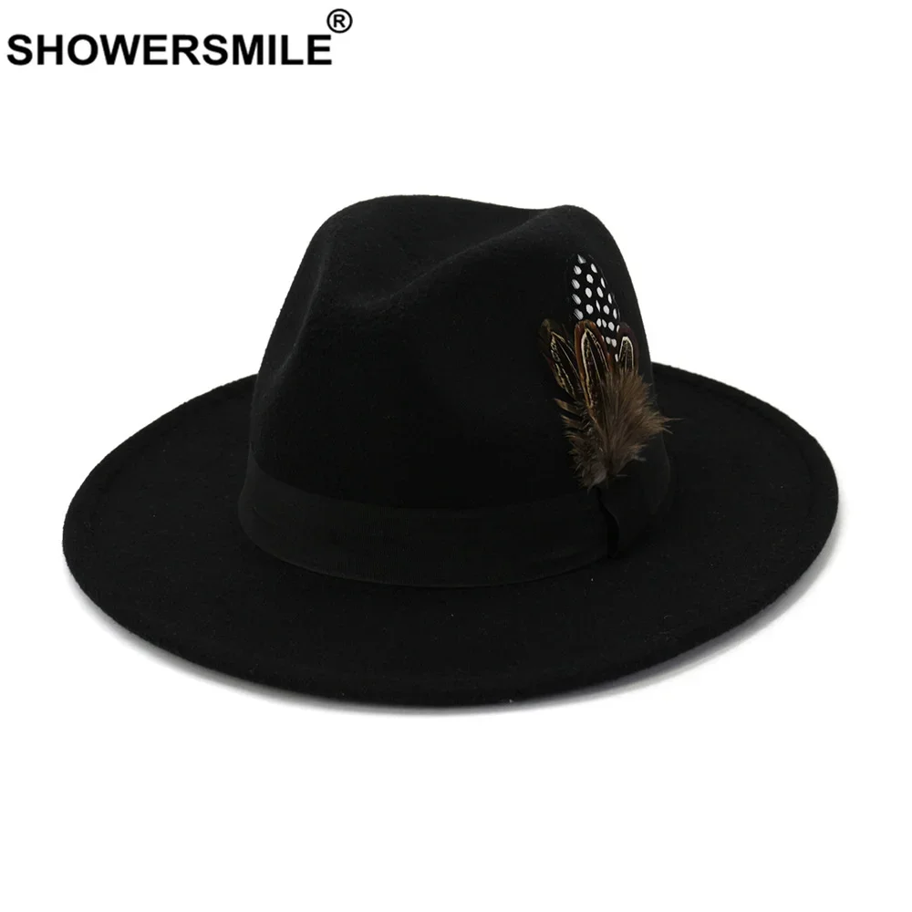 SHOWERSMILE Royal Blue Women Men Wool VintageTrilby Felt Fedora Hat with Feather Church Hats Wide Brim Winter Autumn Jazz Caps