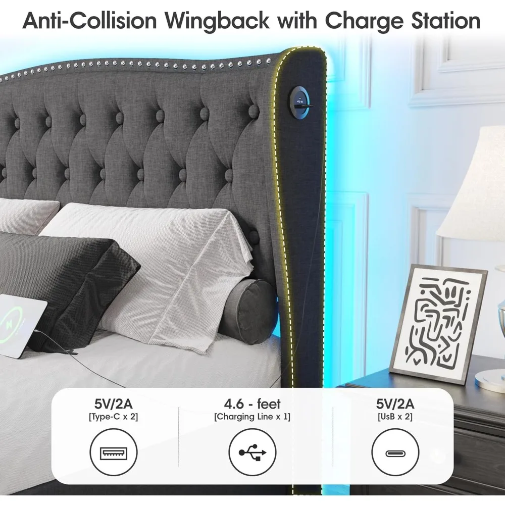 إطار سرير Vabches مقاس كوين LED مع أدراج تخزين ومحطة شحن، إطار سرير بمنصة منجدة مع رأس مجنح