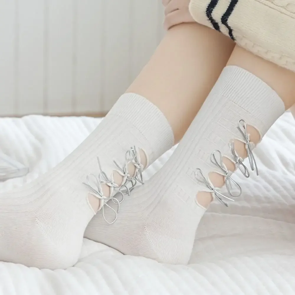 

Comfortable Sweet Cotton Socks for Women Ballet Style Solid Color Mid Calf Socks Mid Tube Hollow Out Ripped Lacing Socks Student