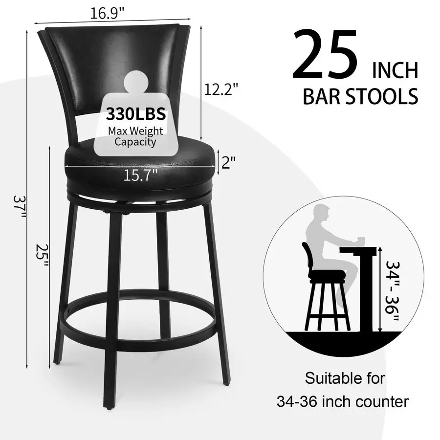 Stools, 25 Inch Metal Counter Height Barstools Set of 2, Faux Leather Round 360 Swivel Bar Chairs with Backrest, Modern Swivel B