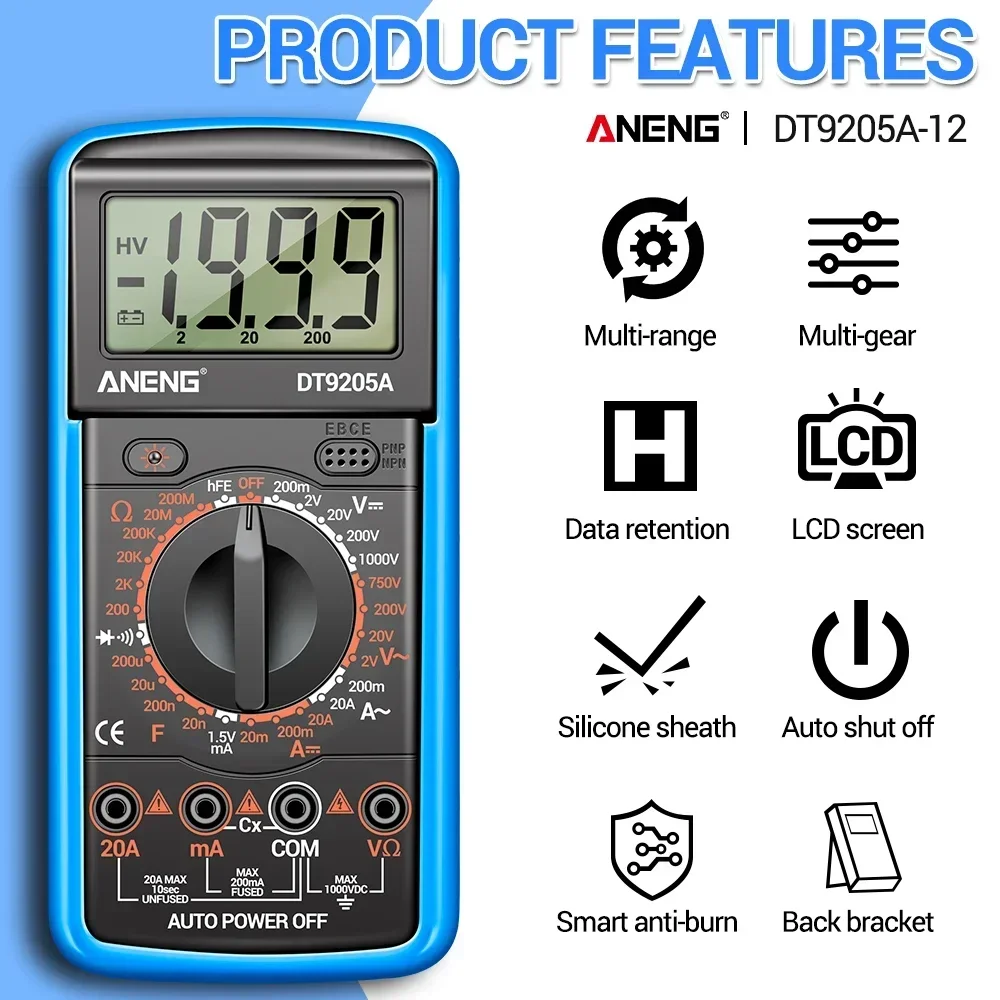 ANENG DT9205A-12 Multímetro Profesional Digital 1999 contagens Tensão atual Tester Elétrico Ohm Capacitância DiodoTest Ferramenta