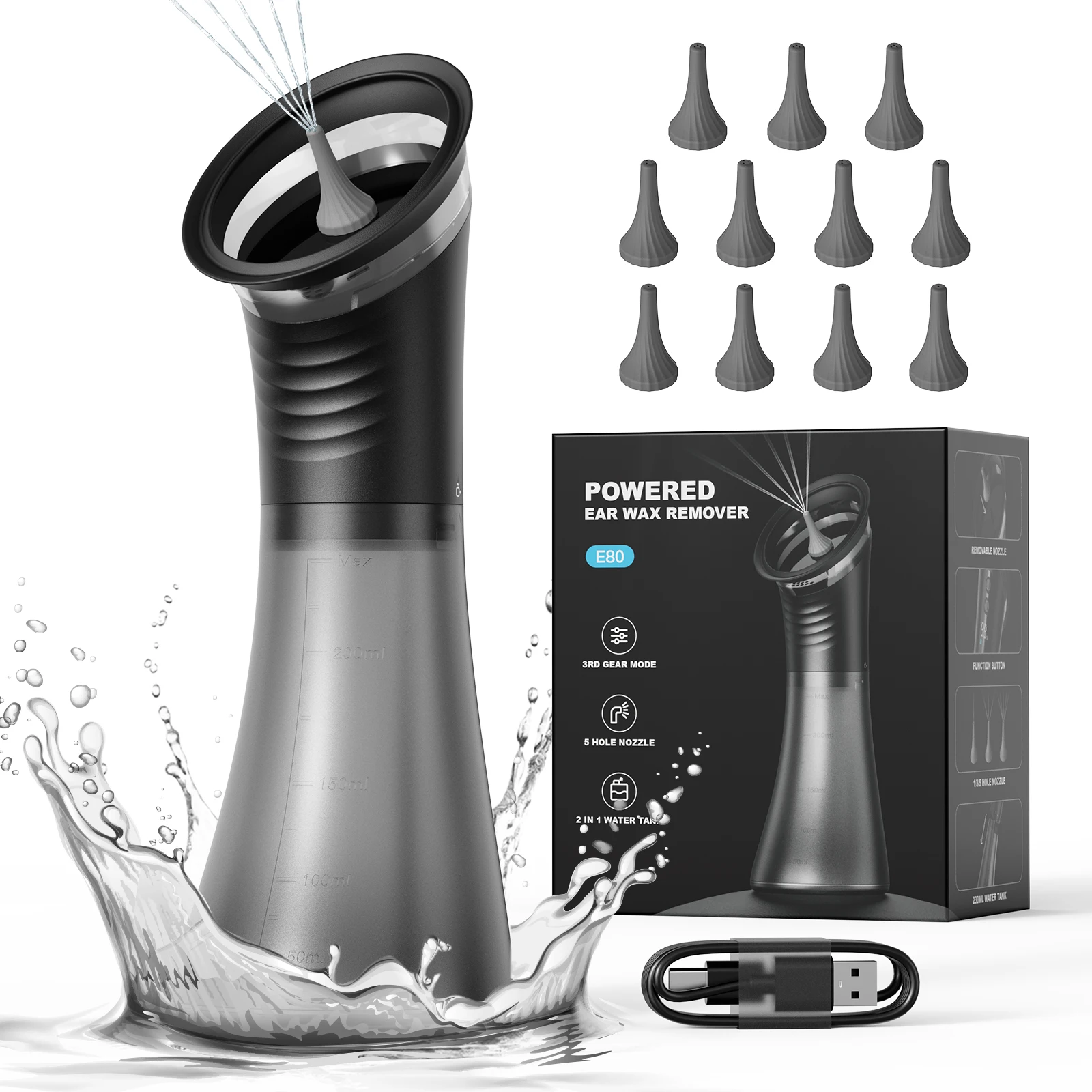 Eliminación de cera de los oídos mejorada con tanque de residuos de una sola pieza, limpiador de oídos seguro con Sensor de temperatura del agua, resistente al agua, limpieza de oídos efectiva