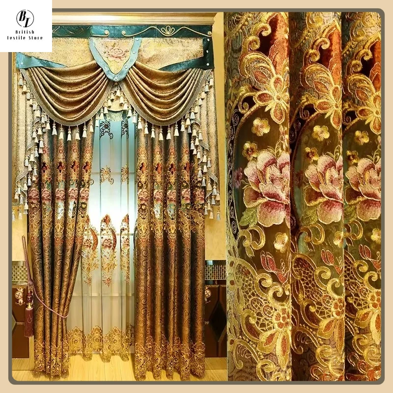 

European Embroidered Luxury Curtains for Living Room Bedroom Dining Blackout Valance Tulle Elegant Decor Window Custom Size