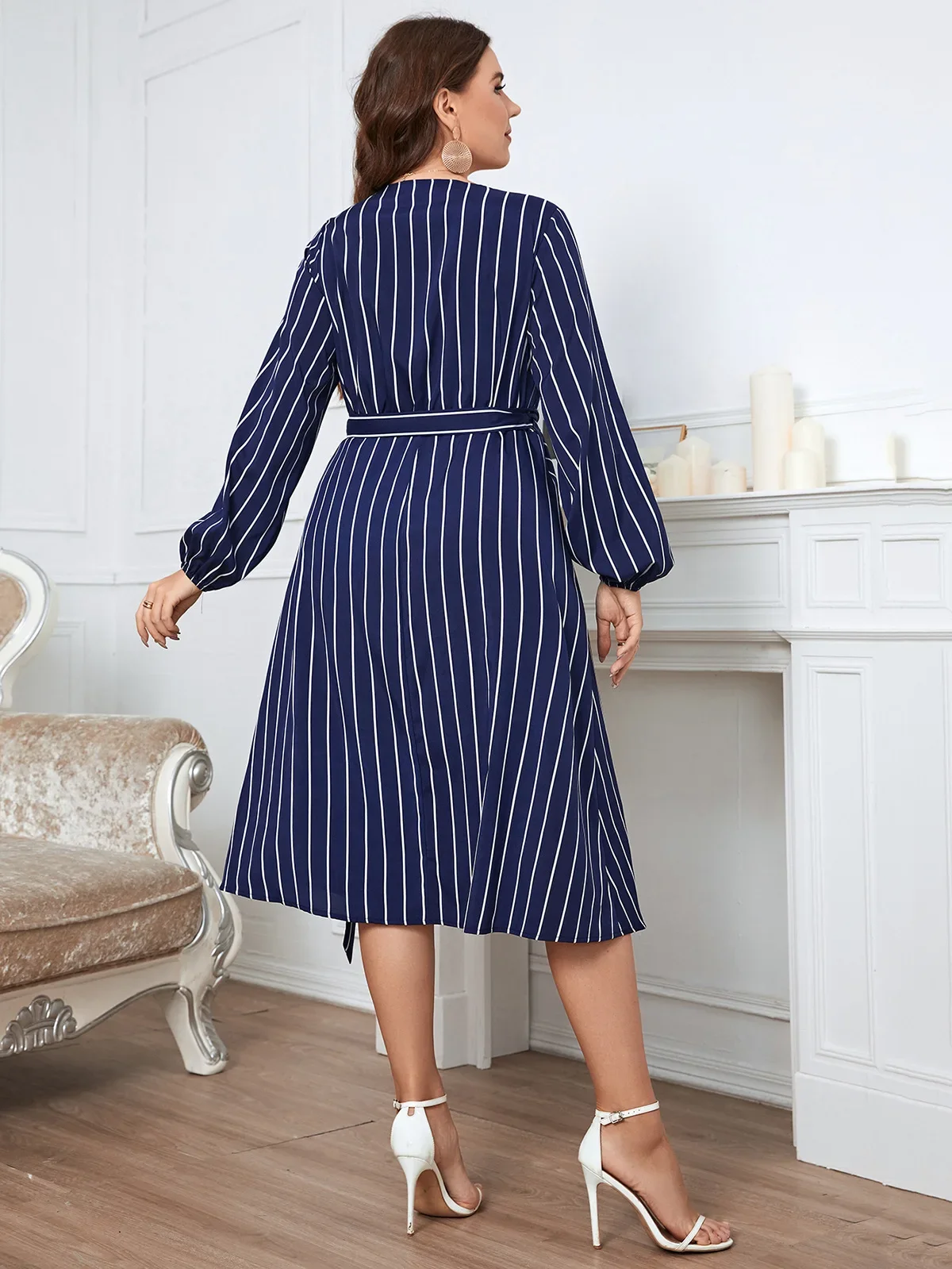 Plus Size Wrap V Neck Women Dress Long Bishop Sleeves Striped Print Robe Waist Belt A-line Dress Autumn Female Elegant Clothing