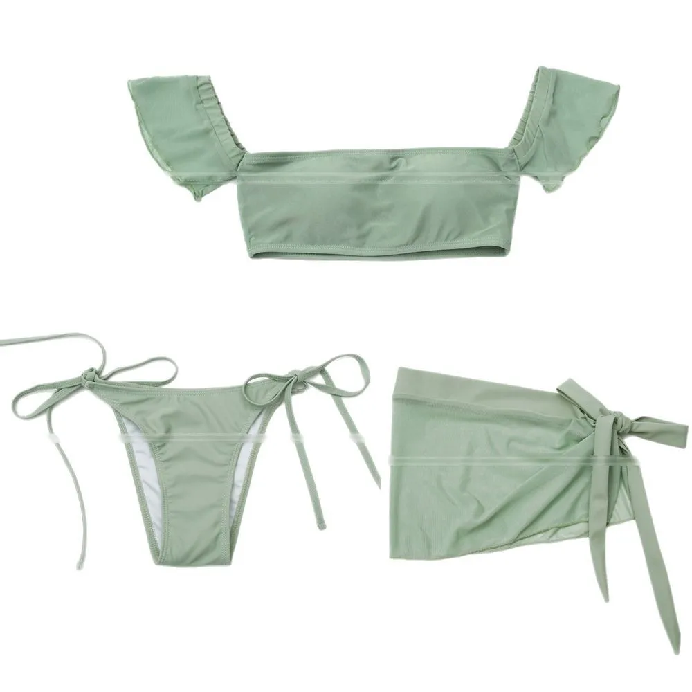 Sexy 3-Piece Bikini Set Solid Color High Waist Swimwear Backless Crop Bikini Top See Through Split Shorts Sexy Summer Clothings