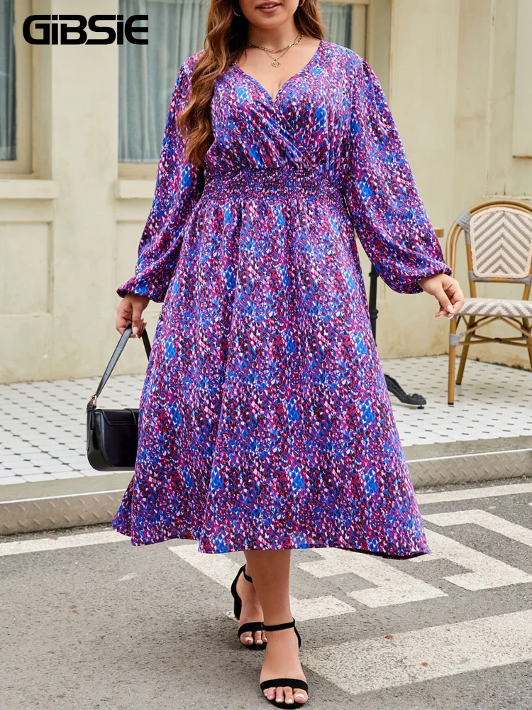 GIBSIE Plus Size Boho Causal Print Long Dress Wrap V Neck Full Lantern Sleeve Eleganckie sukienki o linii A z wysokim stanem dla kobiet 2024