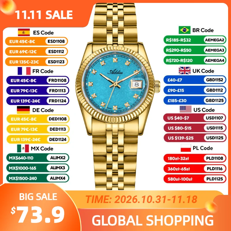 ADDIES AW25915 Women's Waterproof Quartz Watch 50M Sapphire Crystal Date Display Stainless Steel BGW9 Luminous Woman Watches