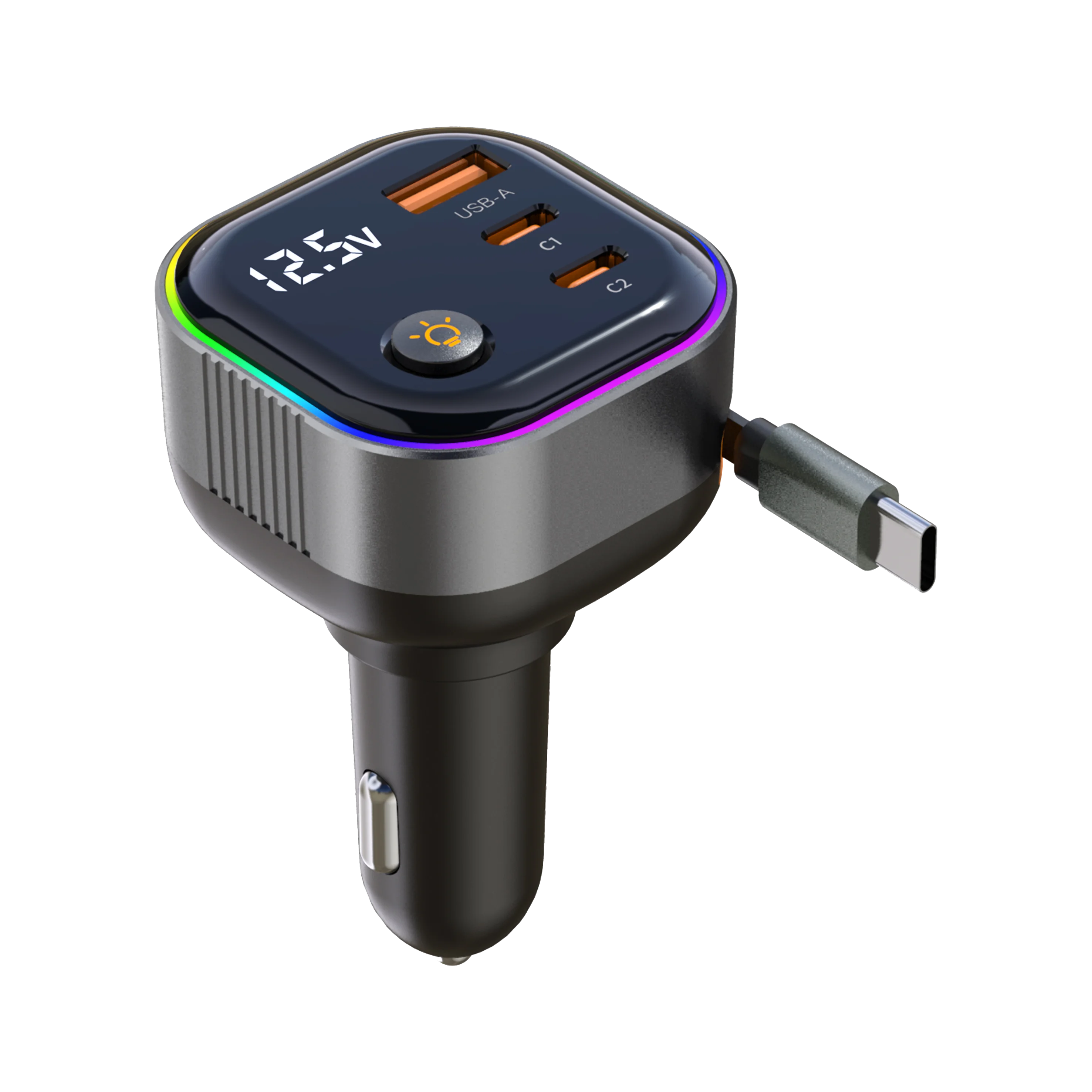 Car mobile phone charger fast charging universal express PD65W with built-in retractable cable voltage display car charger
