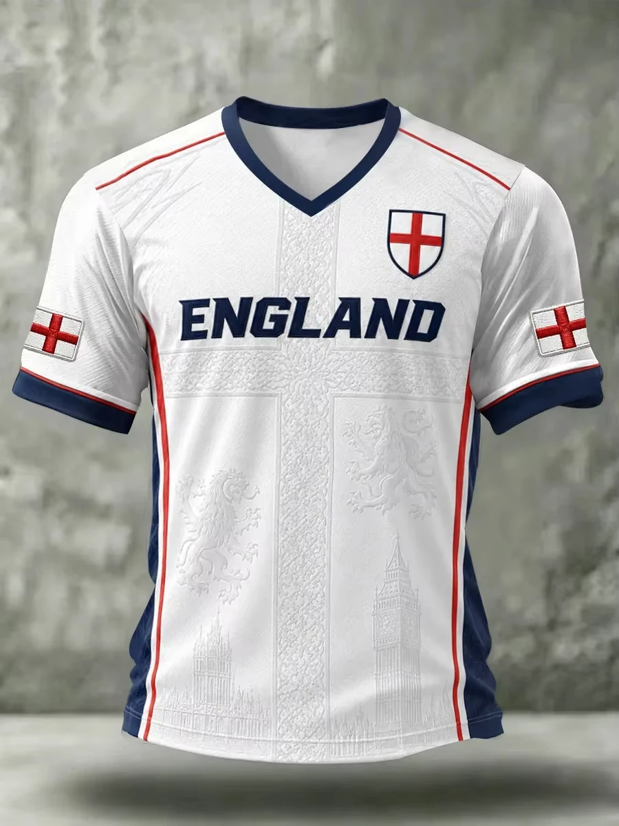 England St George Cross Soccer Jersey Subtle Big Ben Lion Emboss V-neck Navy Trim Dual Sleeve Patches Red Side Piping Textured