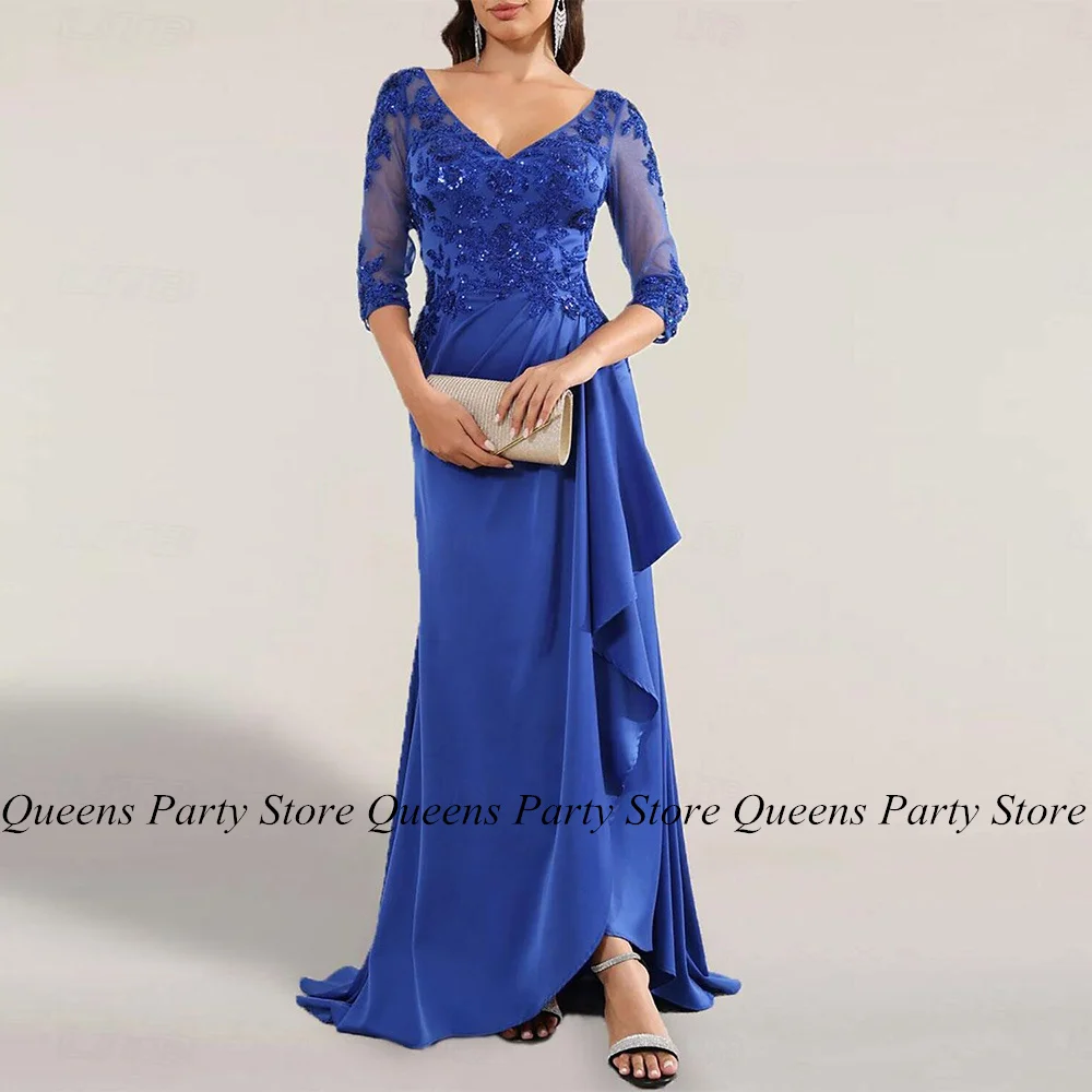 

Sexy Mermaid Mother of The Bride Dress 3/4 Sleeves V Neck Sequined Applique Ruffles Slit Wedding Guest Gown Evening Party