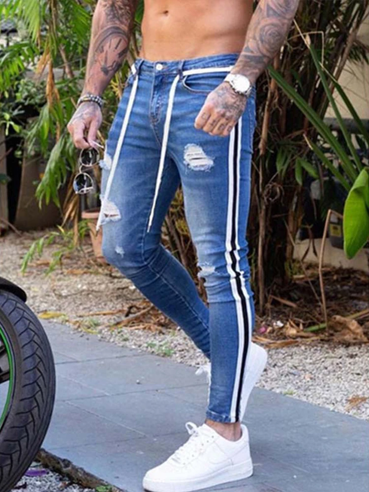 Y2k White Mens Clothing Men\'s Rip Pencil Pants Skinny Jeans Motorcycle Side Stripes Stylish Foot Zipper Hip Hop Slim Fit Jeans