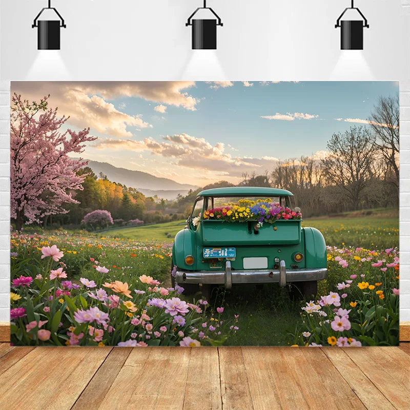 Photography Backdrop Green Old Pickup Truck Assorted Flowers Pink Cherry Blossom Trees Meadow Blue Sky White Clouds  Background