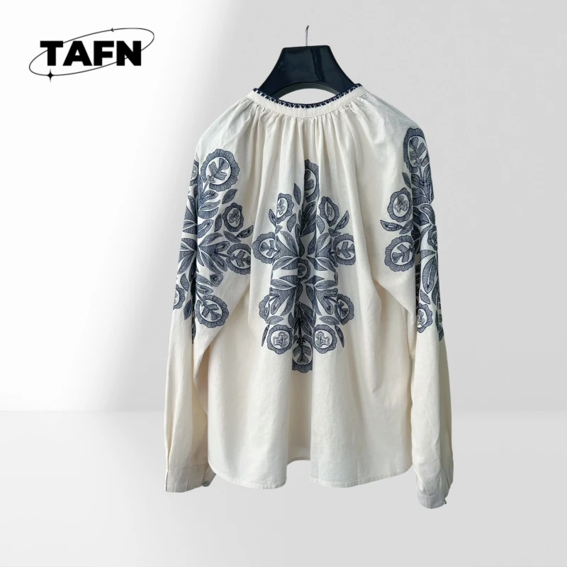 

Spring and Summer Embroidery Embroidery Shirt Temperament Beautiful Striped Button Shirt Loose Fit Long Sleeve BlouseAG1103