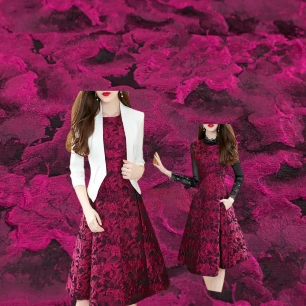 

Rose Red Abstract Jacquard Fabric Spring Autumn Flower Dress Windbreaker European Brand Fashion Design Sewing Wholesale Cloth