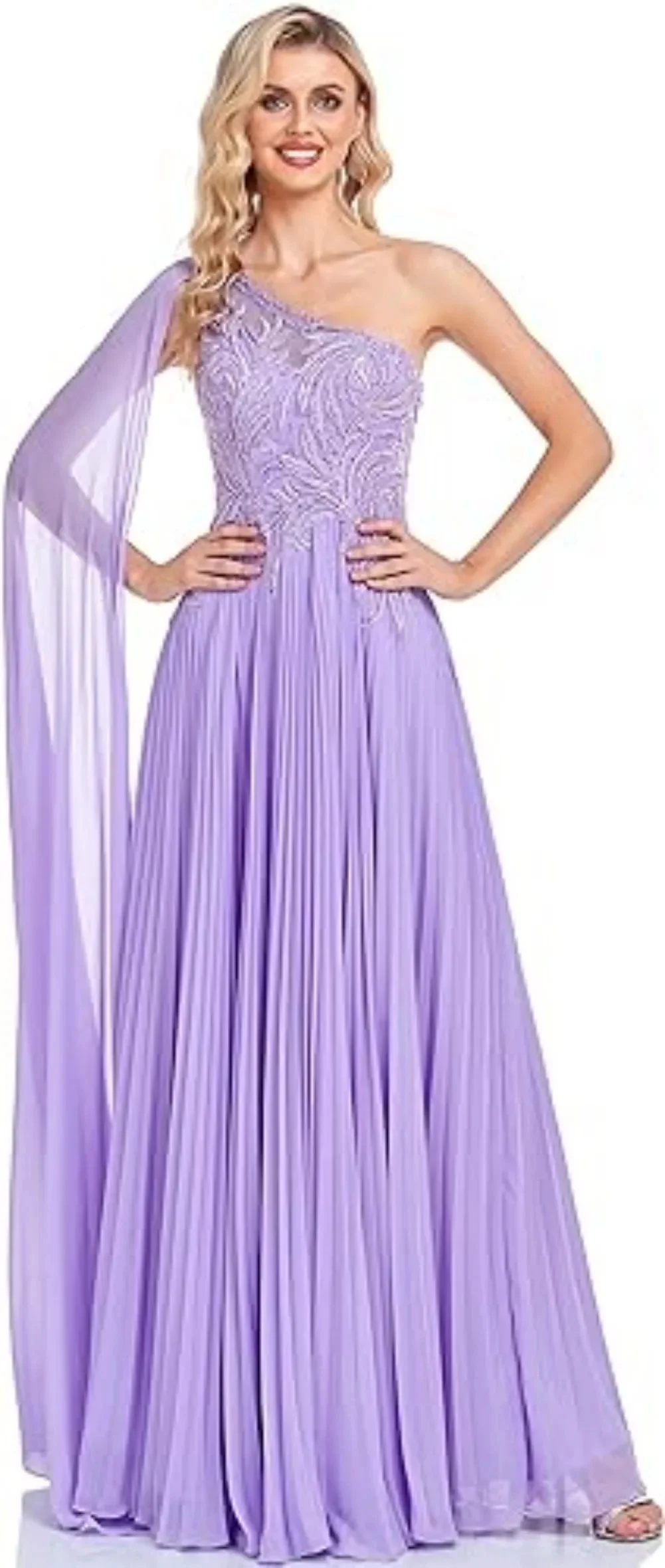 

One Shoulder Mother of The Bride Dresses Lace Applique Long Prom Dresses Chiffon Ball Gowns Ruched A Line Formal Dress For Women