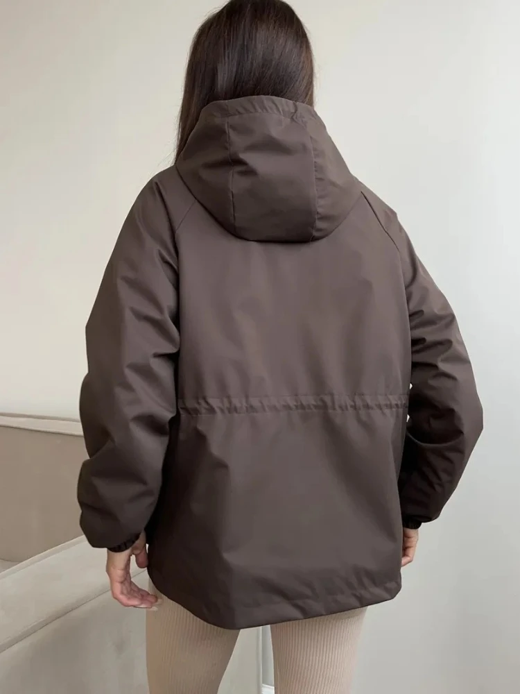 Women's Casual Windbreaker Coat Long Sleeves Drawstring Hooded Waterproof Outdoor Jacket Loose Fit Top Hiking Climbing Clothing