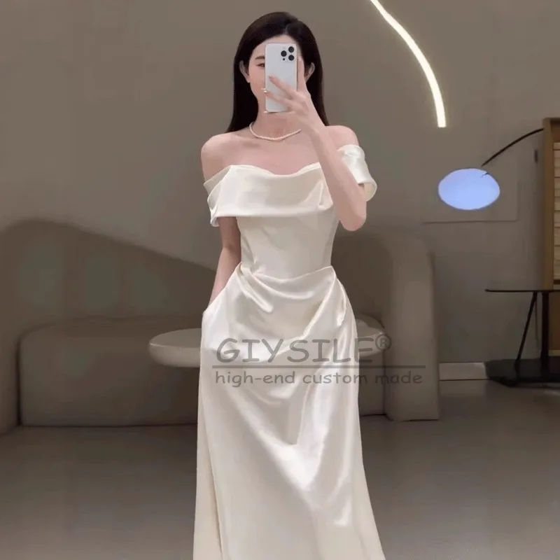 GIYSILEカスタムメイドホワイトウェディングドレス2025新作サテンライトワンショルダー、スモールファッションフィッシュテールテールイブニングドレス