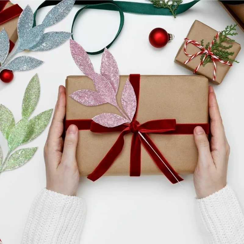 3/12 Stück Rosa Glitzernde Blätterzweige Künstliche Stiele für Weihnachtsbaum DIY Kranz Hochzeitstisch-Dekoration Winterparty-Deko – Detail 10